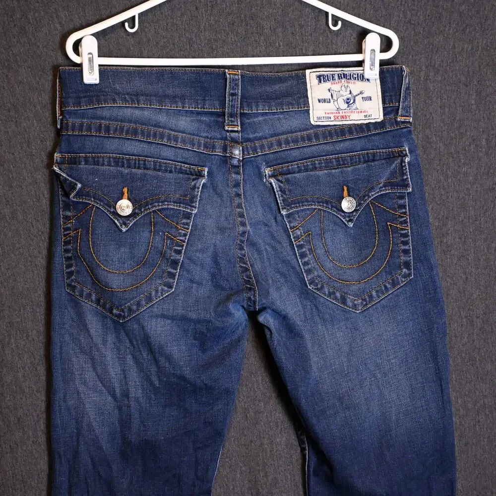 True Religion Men's 33 (33x30) Skinny Denim Distressed Jeans Faded Wash Western